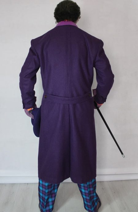 1989 inspired double-breasted purple Melton coat, back view with waist belt, screen inspired recreation