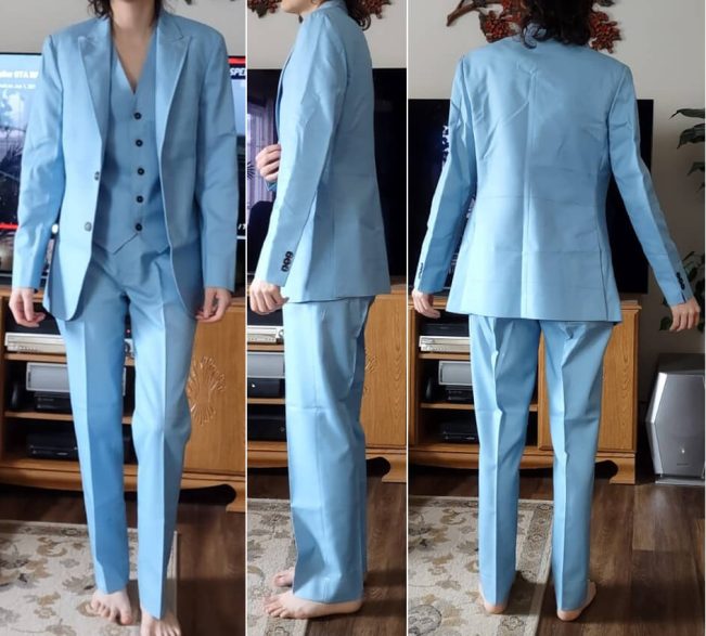Three-panel view of a customer modeling the complete light blue cotton prototype test suit, reviewing the jacket shoulder alignment, five-button waistcoat closure, and overall silhouette drape.