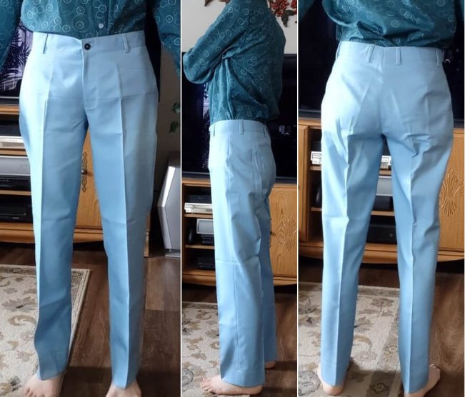 Three-panel view of a customer trying on the light blue cotton prototype test trousers, verifying the front waistband fit, side profile drape, and rear leg length before final tailoring.