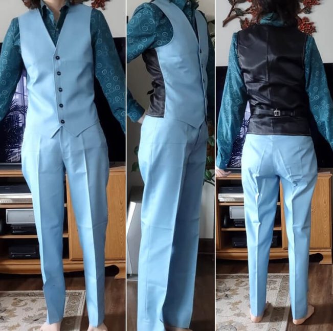Three-panel fitting view of a customer trying on the light blue cotton prototype test waistcoat and matching trousers, verifying the front V-neckline depth, side profile torso drape, and rear satin split-back buckle adjustment layout.