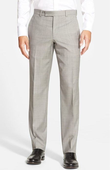 Gray melange bespoke suit trousers with extended square waistband tab, hook-and-bar closure, plain front, side pockets, belt loops, and tailored straight-leg fit.