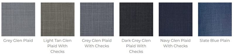 Fabric swatches for Cary Grant North By Northwest inspired suit in six options: Grey Glen Plaid, Light Tan Glen Plaid, Grey Glen Plaid with Checks, Dark Grey Glen Plaid, Navy Glen Plaid, and Slate Blue Plain