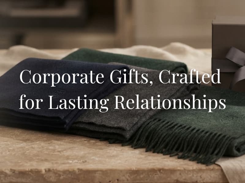 Bespoke corporate cashmere gift featuring a handwoven 100% cashmere scarf with custom logo embroidery, luxury gift box, and premium presentation for executive and corporate gifting.