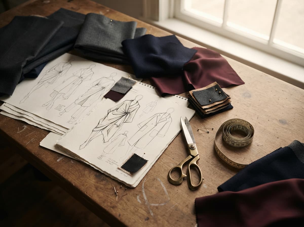 Design sketches and wool, cashmere and silk swatches on an atelier workbench at the start of a custom collection.