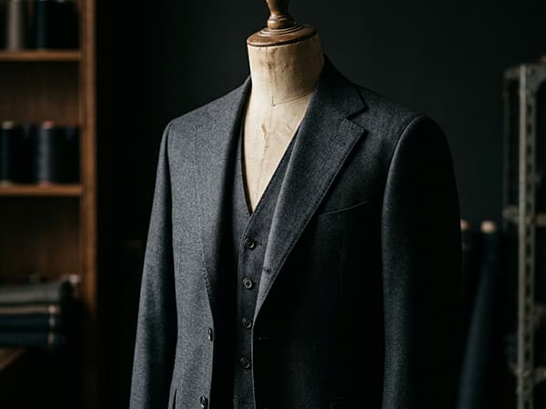 A charcoal wool three-piece suit on a dress form, showing the lapel and hand-stitched buttonhole.