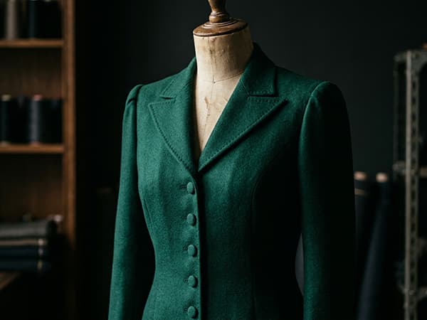 A structured emerald wool coat-dress on a dress form, showing the shoulder line and covered-button front.