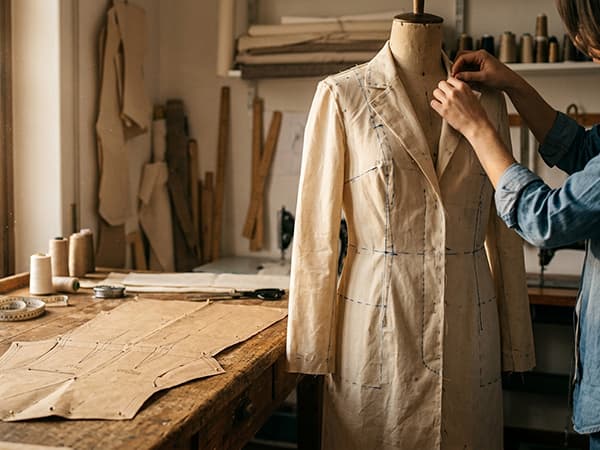 A paper pattern and a calico toile on a dress form being fitted by a tailor's hands in the Baron Boutique atelier.