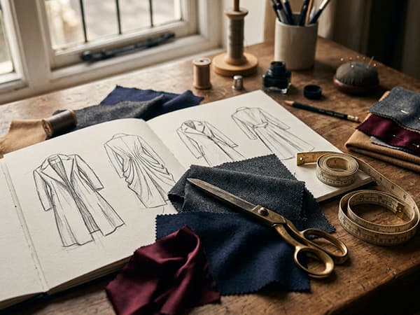 A fashion designer's sketches laid out with wool, cashmere and silk swatches, brass shears and a measuring tape on an atelier worktable.