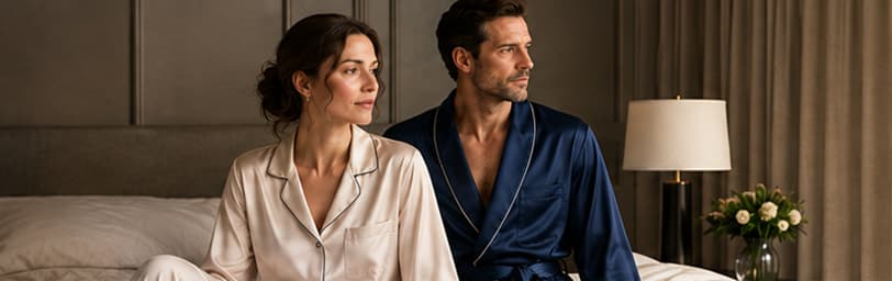 A woman in an ivory silk pajama set and a man in a navy silk dressing gown with ivory piping, seated side by side in a lamplit bedroom, showing bespoke silk sleepwear by Baron Boutique for men and women.