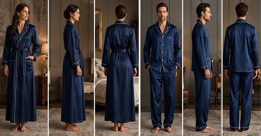 His-and-hers bespoke silk sleepwear in navy with ivory piping: a woman's full-length robe and pajama set and a man's dressing gown and pajama set, shown from the back and side to compare lengths and shoulder lines.