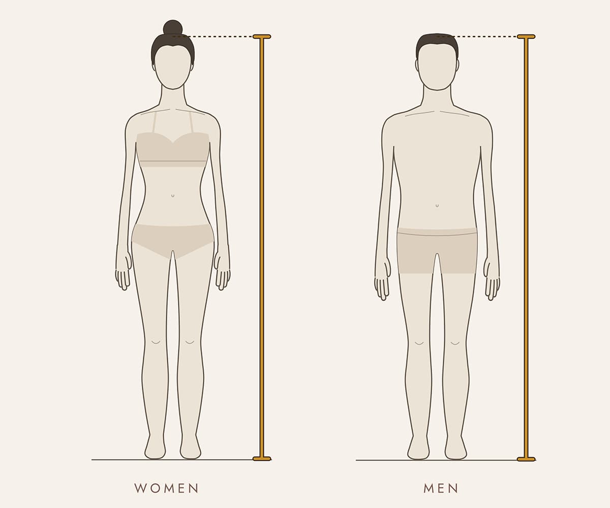 Measuring height: a woman and a man stand barefoot, with the tape running from the floor to the top of the head.