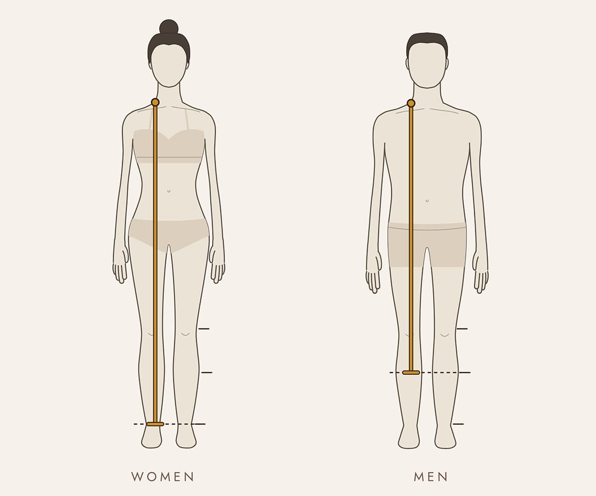 Measuring robe length: the tape runs from the shoulder next to the neck straight down to the hem, at the ankle on a woman and mid-calf on a man.