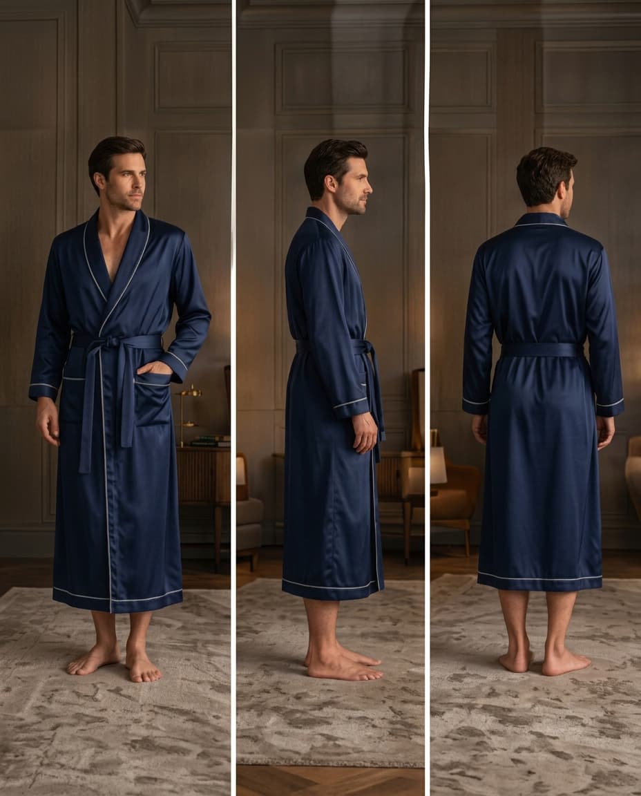 Front, side and back views of a man in a mid-calf navy bespoke silk dressing gown with shawl collar, ivory piping, chest and hip patch pockets, turn-back cuffs and a self-fabric belt, fitted across broad shoulders.