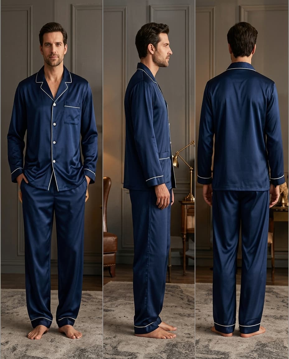 Front, side and back views of a man in a navy bespoke silk pajama set with notch collar, ivory piping, mother-of-pearl buttons, chest pocket and straight trousers with a drawcord waist, hems breaking just above the floor.