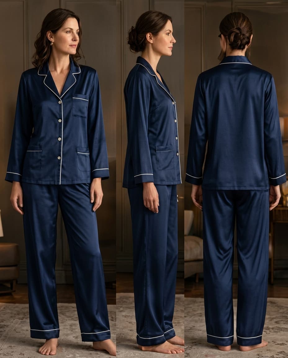 Front, side and back views of a woman in a navy bespoke silk pajama set with notch collar, ivory piping, mother-of-pearl buttons, chest pocket and full-length straight trousers that reach the top of the foot.