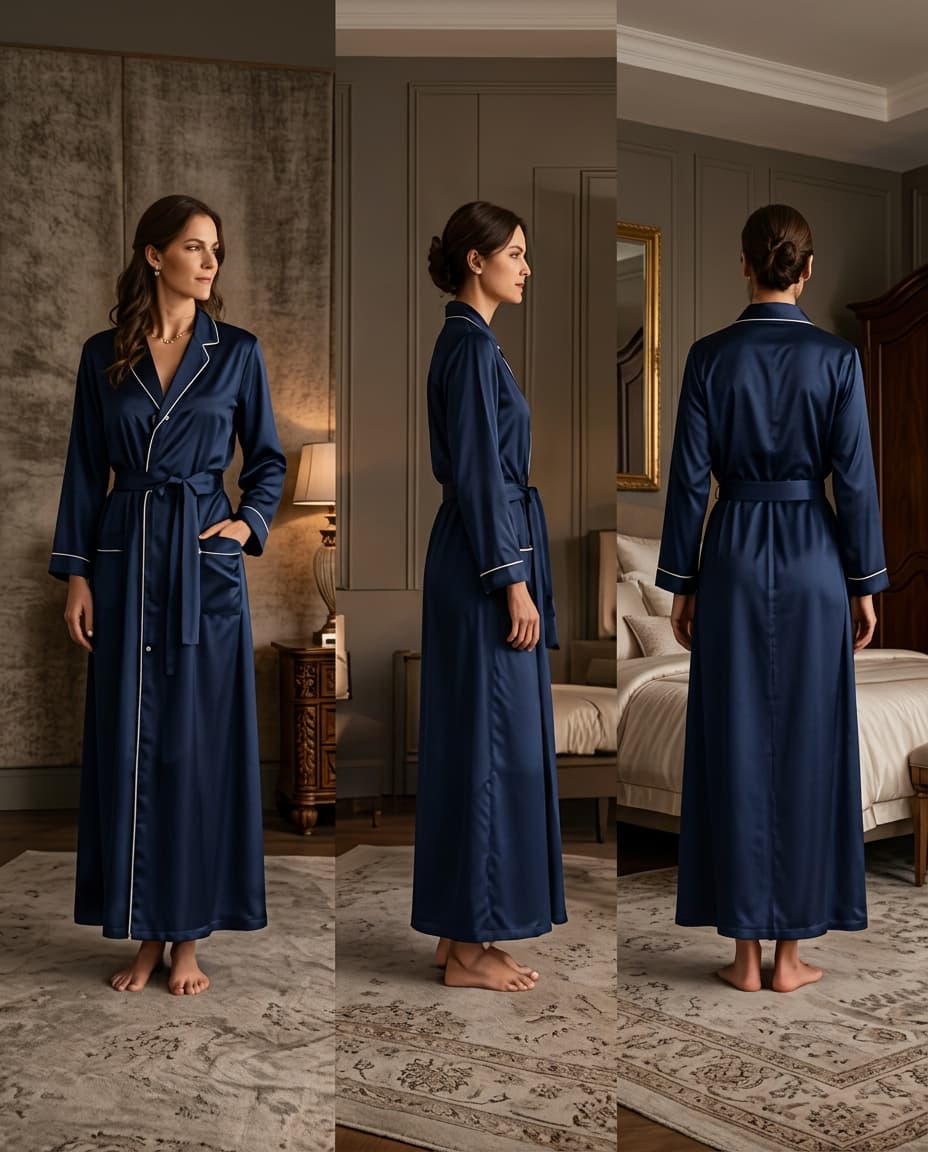 Front, side and back views of a woman in an ankle-length navy bespoke silk robe with shawl collar, ivory piping, turn-back cuffs and a self-fabric belt tied at the waist, the hem falling level at the ankle.